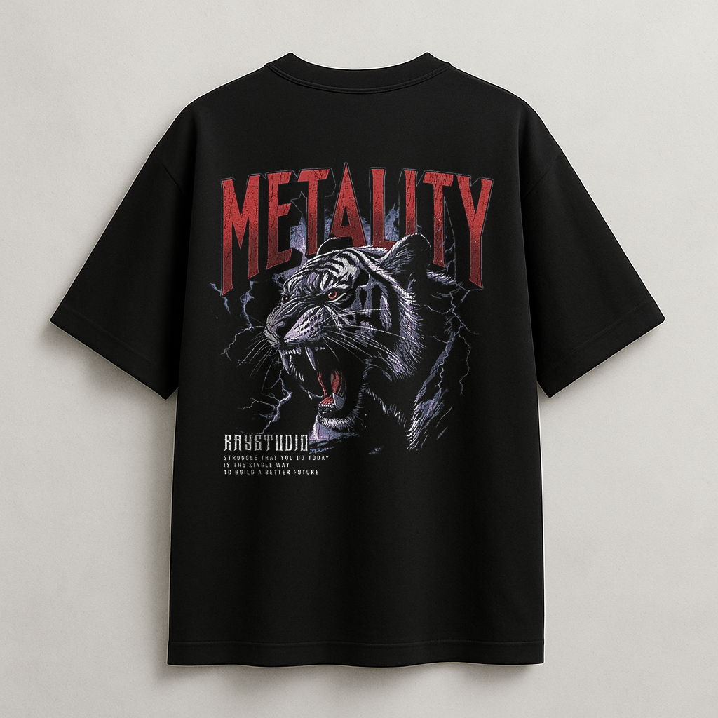 Black t-shirt with a graphic of a tiger and the word 'METALITY' on a light gray background